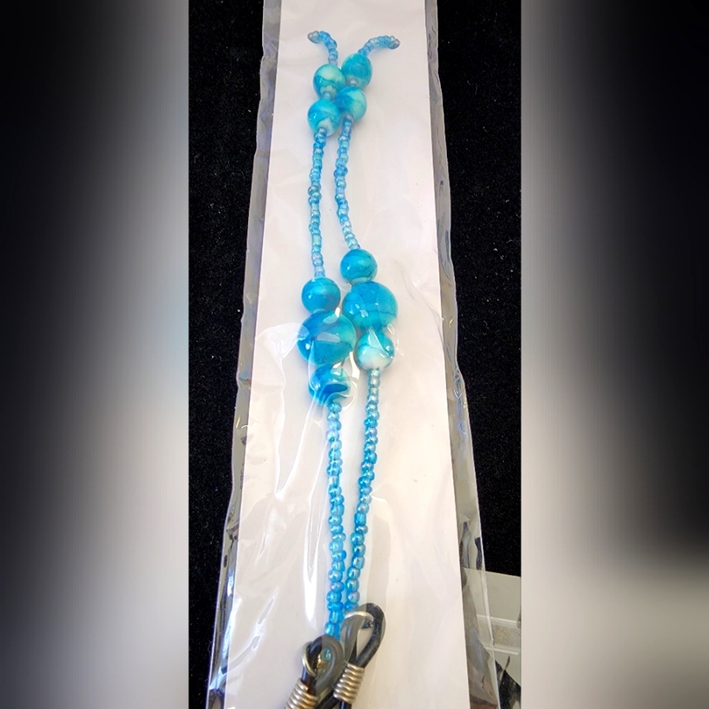 Beaded eyeglasses cord 26" strap turquoise blue color